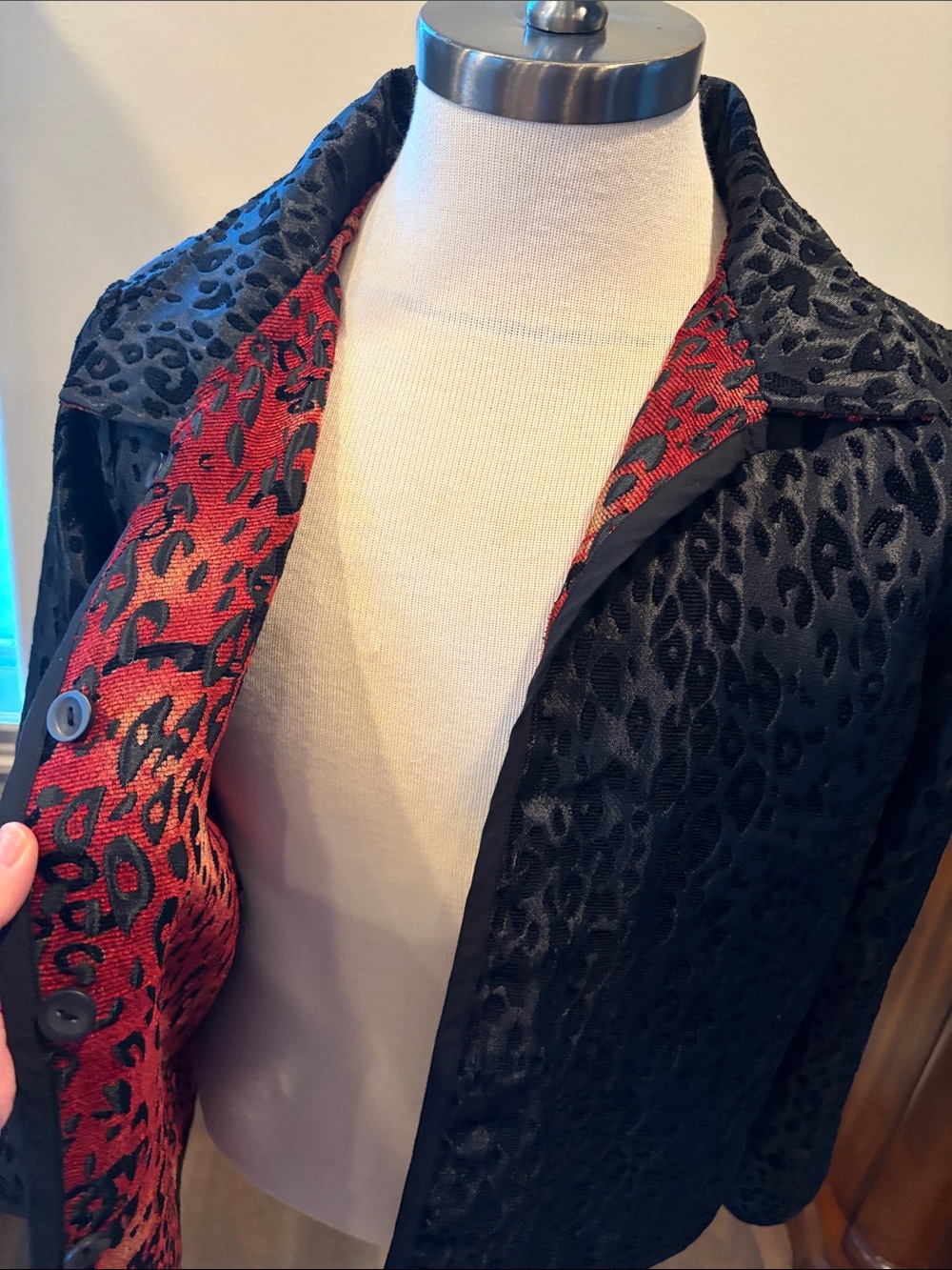Chico’s Reversible Jacket Res or Black Leopard, Sz 3=16/18